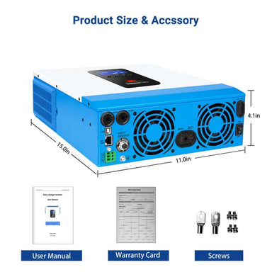 Sun Gold Power 3000W 24V Solar Inverter Charger with its dimensions shown alongside the included user manual, warranty card, and mounting hardware