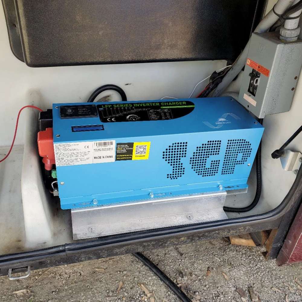 Sun Gold Power 3000W DC 12V Pure Sine Wave Inverter With Charger is mounted inside a power compartment for a clean and compact installation