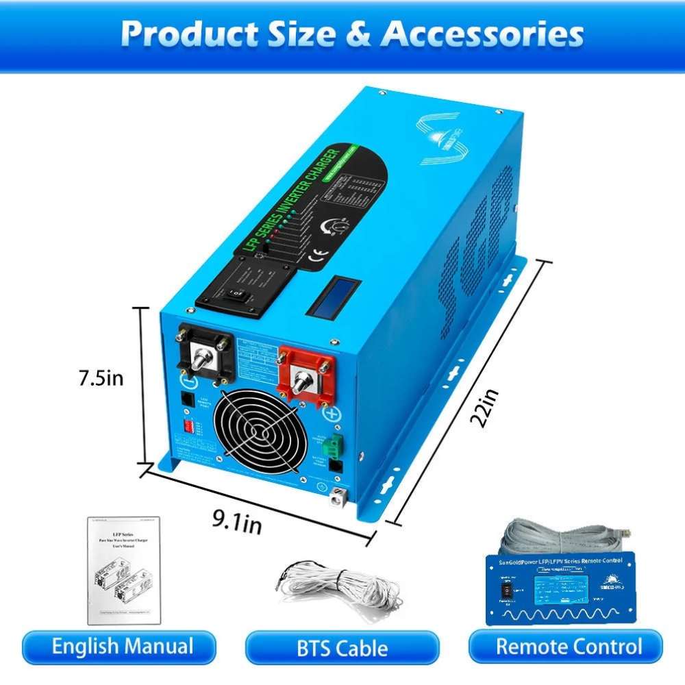 Sun Gold Power 3000W DC 12V Pure Sine Wave Inverter With Charger is shown with its dimensions, remote control, battery temperature sensor cable, and user manual