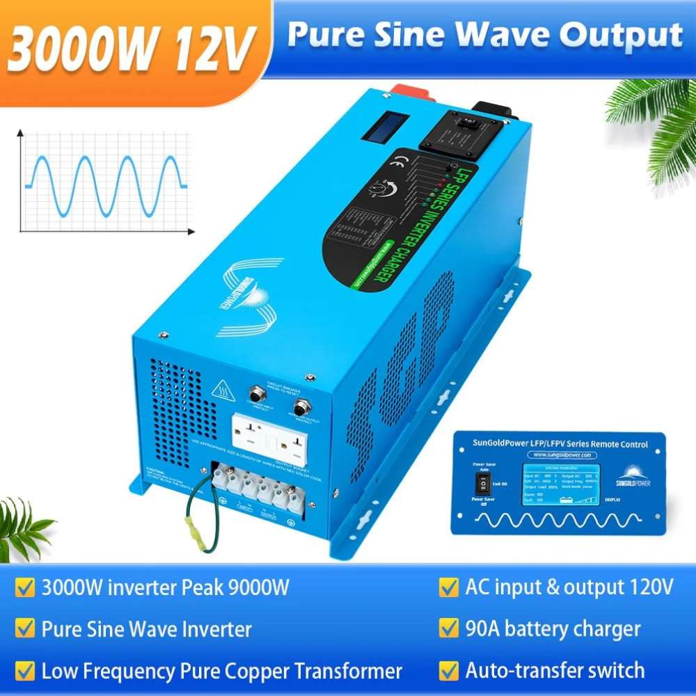 Sun Gold Power 3000W DC 12V Pure Sine Wave Inverter With Charger provides pure sine wave output with a built-in battery charger and automatic transfer switch