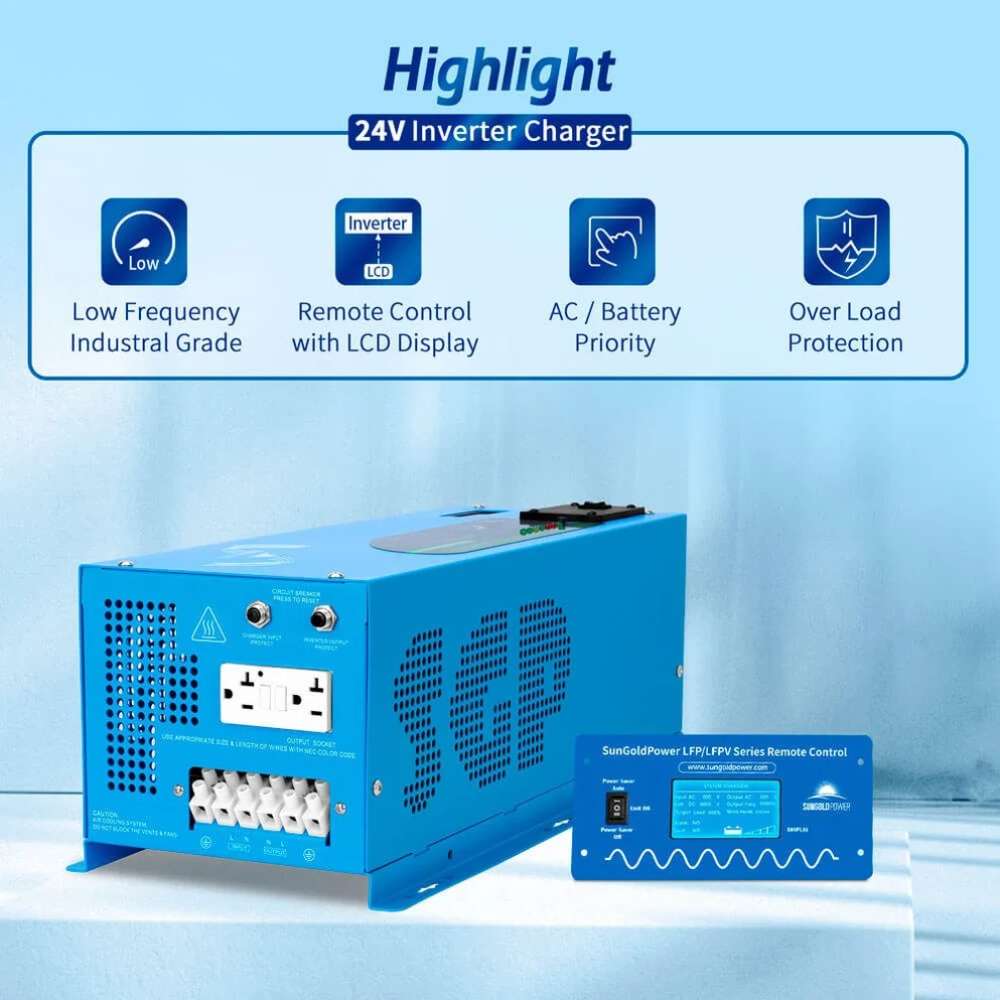 Sun Gold Power 3000W DC 24V Pure Sine Wave Inverter With Charger displayed with its LCD remote control, highlighting low-frequency design, AC or battery priority, and overload protection