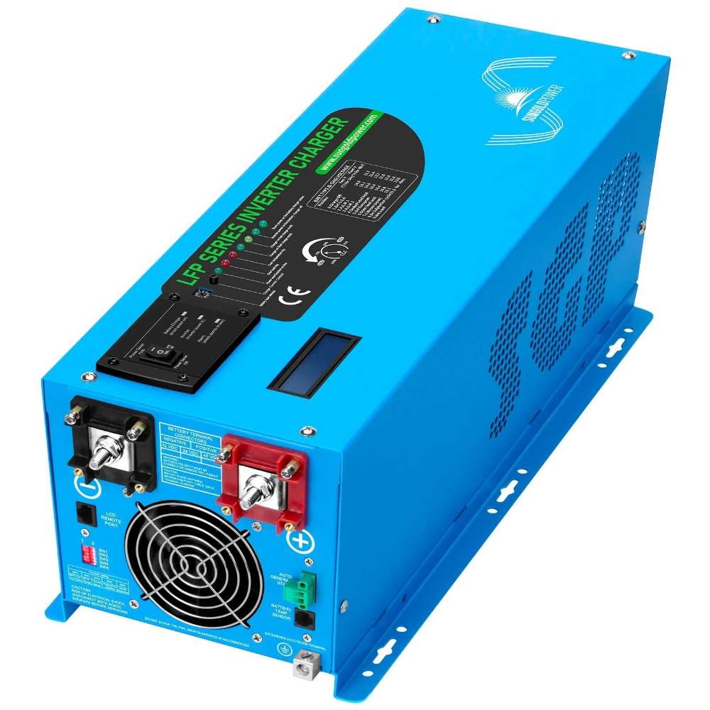 Sun Gold Power 3000W DC 24V Pure Sine Wave Inverter With Charger shown from the front at an angle with heavy-duty battery terminals, cooling fan, and durable blue metal housing