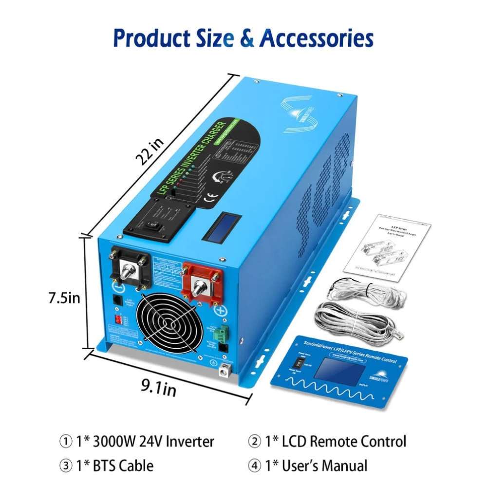 Sun Gold Power 3000W DC 24V Pure Sine Wave Inverter With Charger shown with product dimensions and included LCD remote control, battery temperature sensor cable, and user manual