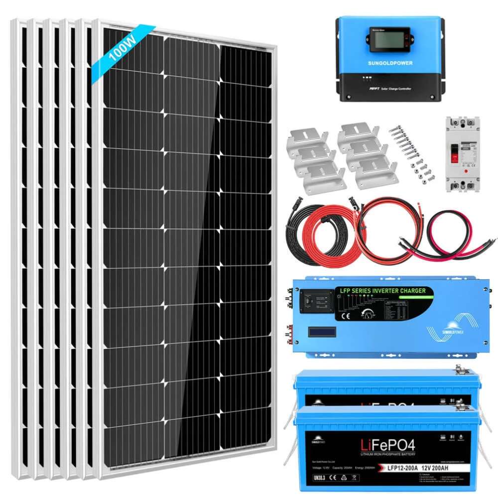 Sun Gold Power 3000W Inverter 12VDC 120V Output LiFePO4 Battery Back-Up Off-Grid Solar Kit SGK-PRO3200ah includes solar panels, batteries, controller, inverter, cables, and hardware