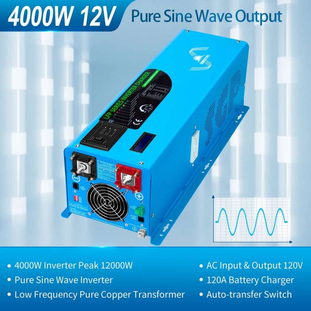 Sun Gold Power 4000W DC 12V Pure Sine Wave Inverter With Charger infographic showing 4000W output, 12000W peak power, pure sine wave, 120A charger, and auto-transfer switch