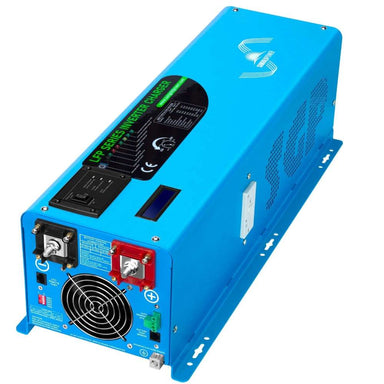 Sun Gold Power 4000W DC 12V Pure Sine Wave Inverter With Charger shown in an angled front view with battery terminals, cooling fan, LCD screen, and durable blue metal housing