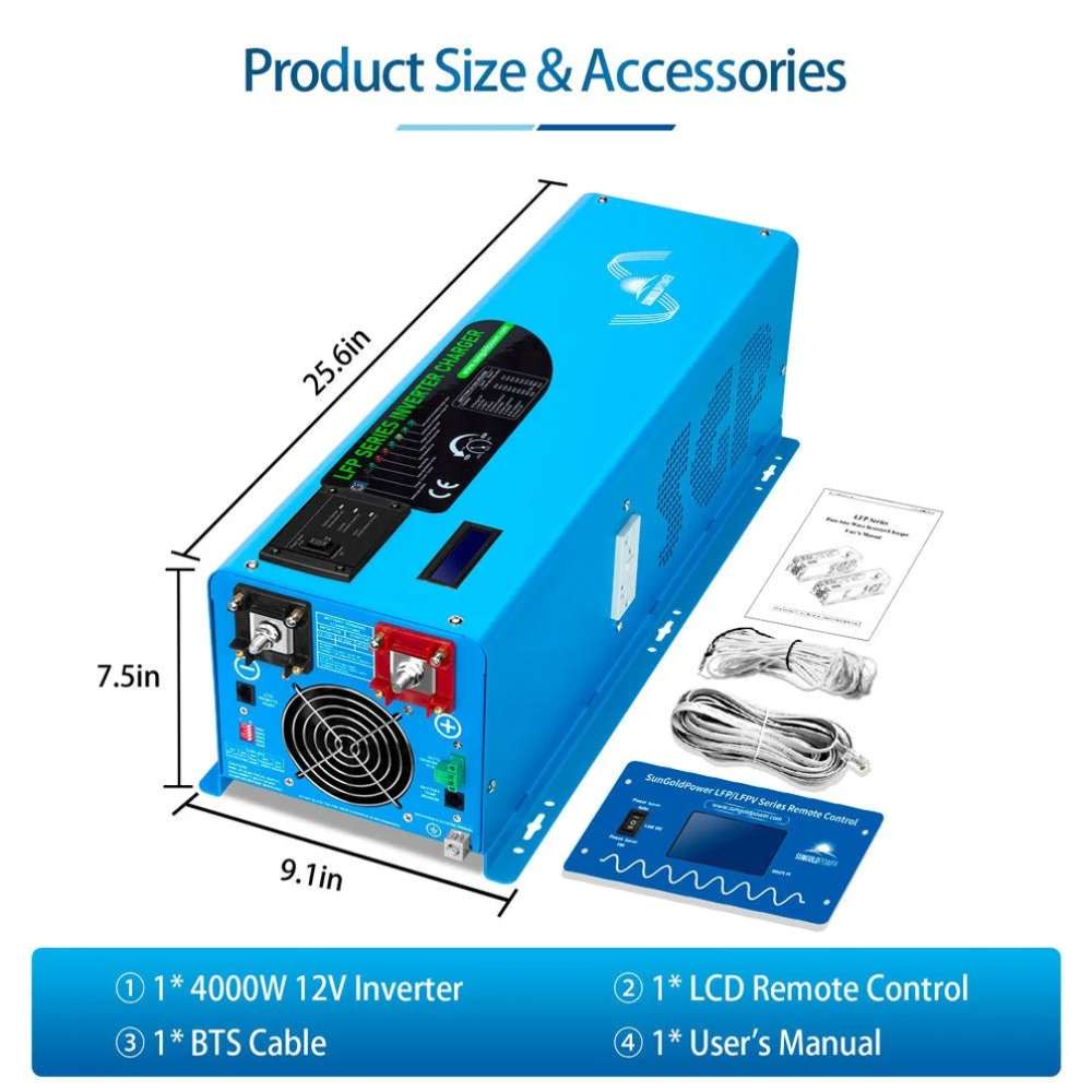 Sun Gold Power 4000W DC 12V Pure Sine Wave Inverter With Charger size guide showing product dimensions and included LCD remote control, BTS cable, and user manual