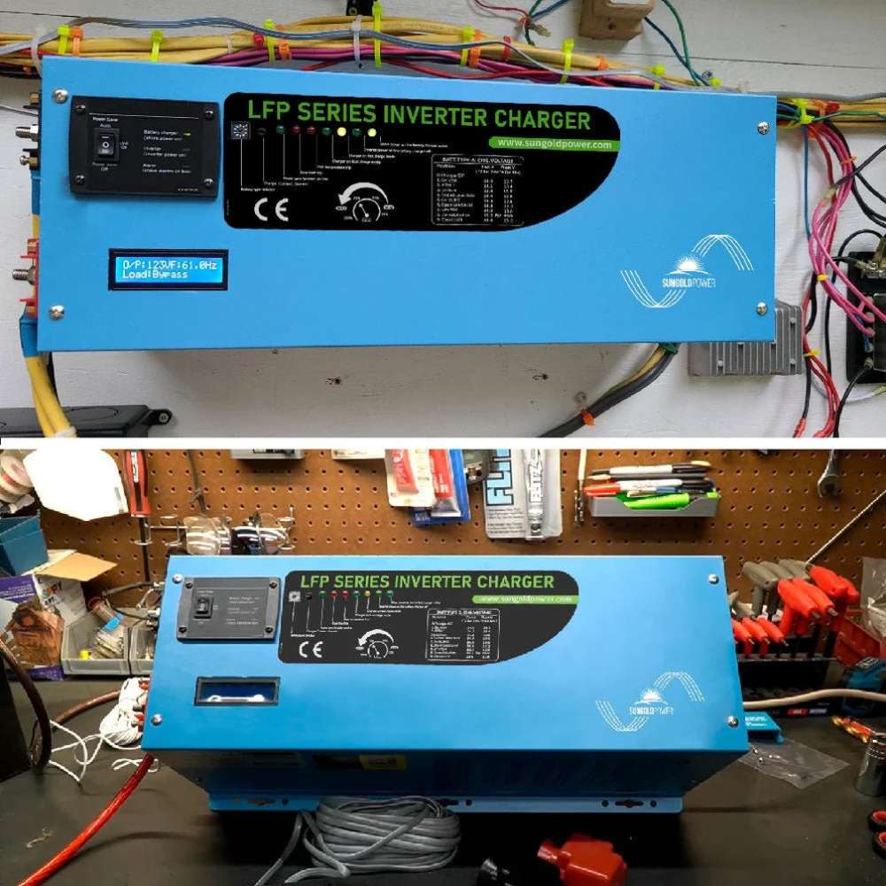Sun Gold Power 4000W DC 12V Split Phase Pure Sine Wave Inverter With Charger installed in two real-world electrical system setups