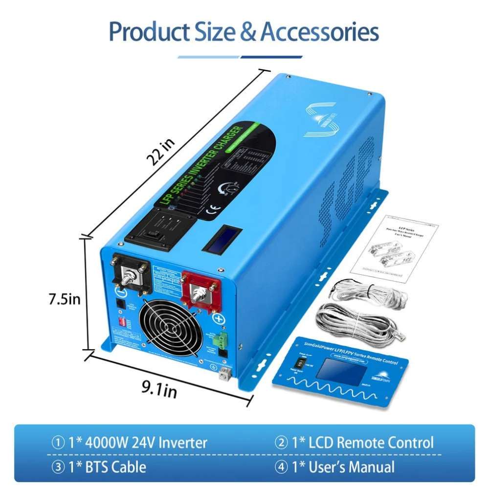 Sun Gold Power 4000W DC 24V Pure Sine Wave Inverter With Charger with dimensions, LCD remote, battery temperature sensor cable, and user manual