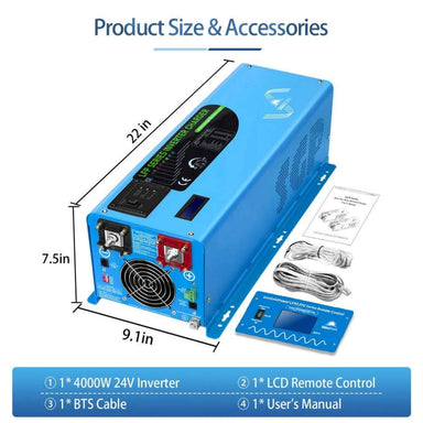 Sun Gold Power 4000W DC 24V Pure Sine Wave Inverter With Charger with dimensions, LCD remote, battery temperature sensor cable, and user manual
