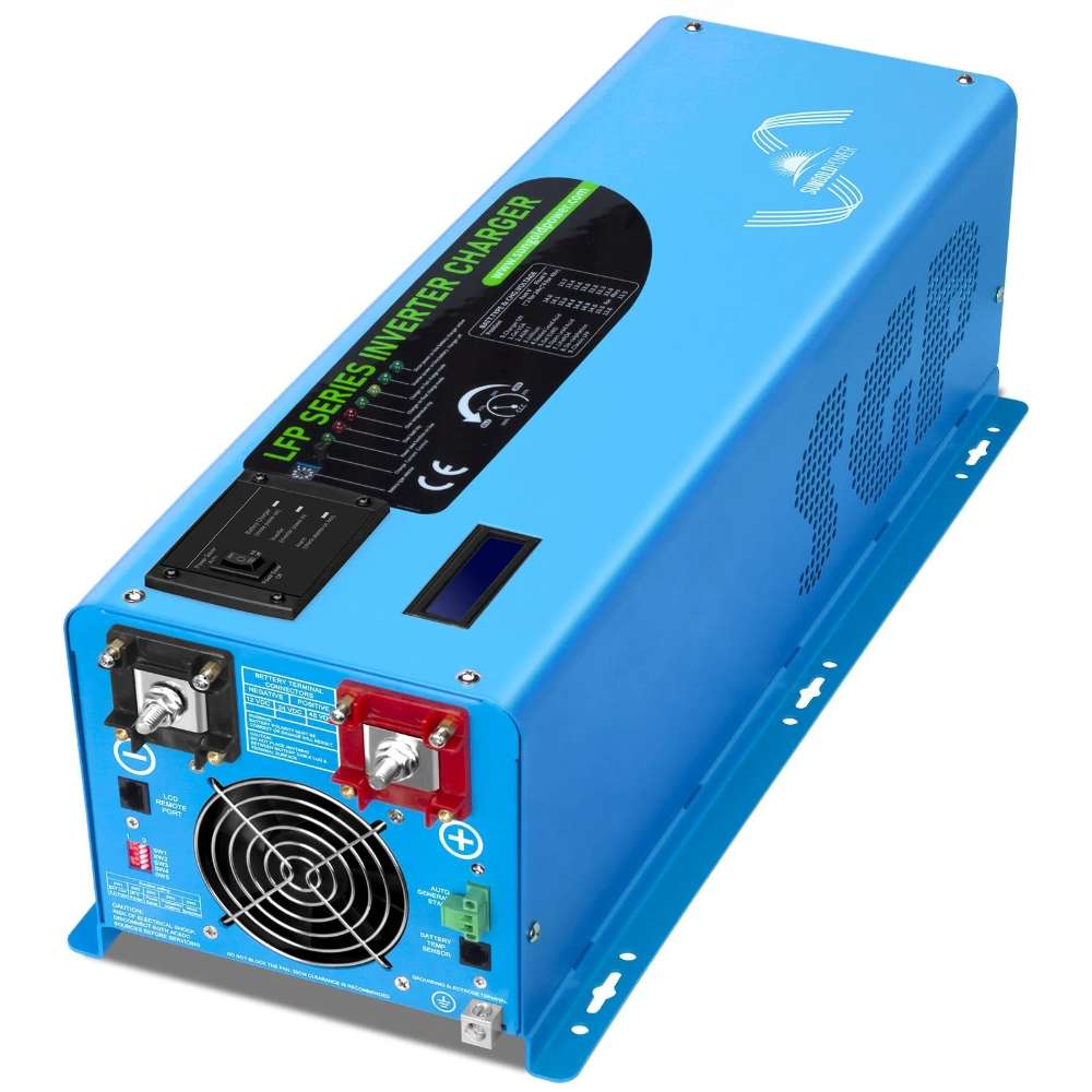 Sun Gold Power 4000W DC 24V Split Phase Pure Sine Wave Inverter With Charger in an angled view showing the durable housing, battery terminals, cooling fan, and LCD display