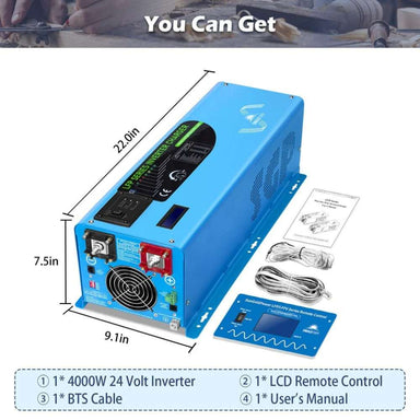 Sun Gold Power 4000W DC 24V Split Phase Pure Sine Wave Inverter With Charger with the LCD remote, battery temperature sensor cable, user manual, and compact dimensions