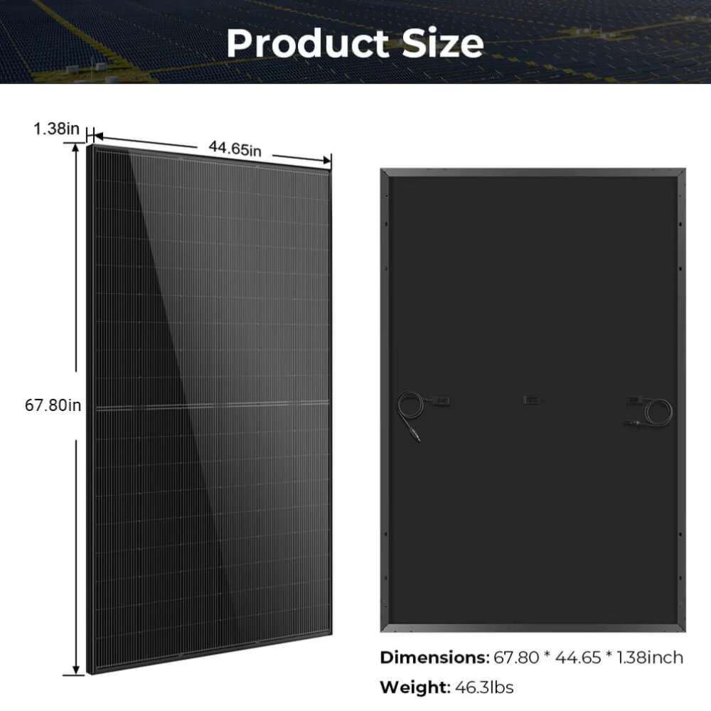 Sun Gold Power 440W Mono Black N-Type Solar Panel front and rear views display the panel dimensions and weight