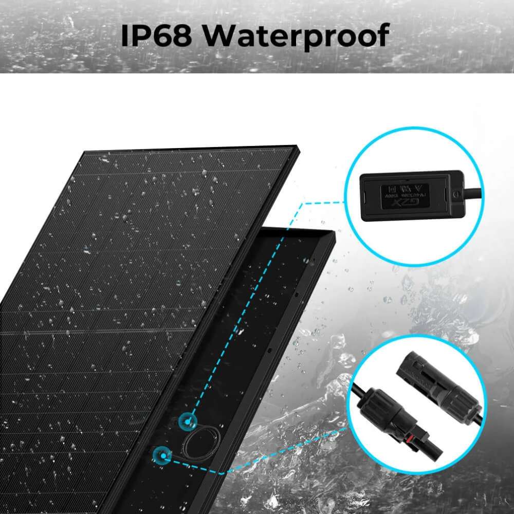 Sun Gold Power 440W Mono Black N-Type Solar Panel graphic shows its IP68 waterproof junction box and MC4-compatible connectors in a rain-resistant design