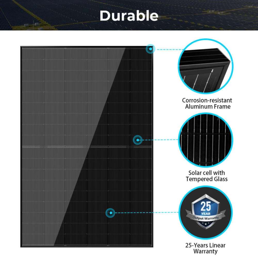 Sun Gold Power 440W Mono Black N-Type Solar Panel infographic highlights a corrosion-resistant aluminum frame, tempered glass, and a 25-year linear warranty
