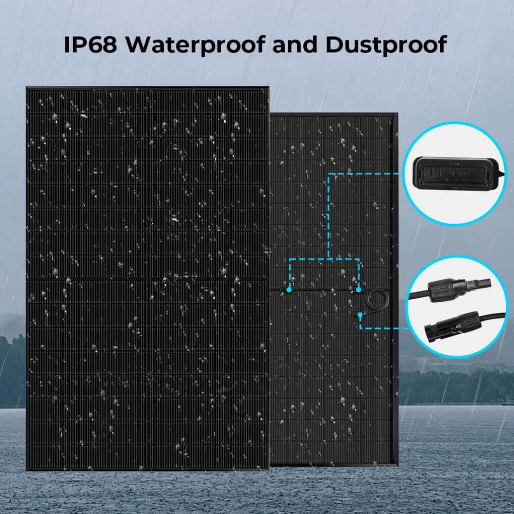 Sun Gold Power 450W Bifacial N-Type Monocrystalline Solar Panel displayed in rainy conditions to highlight its IP68 waterproof and dustproof protection