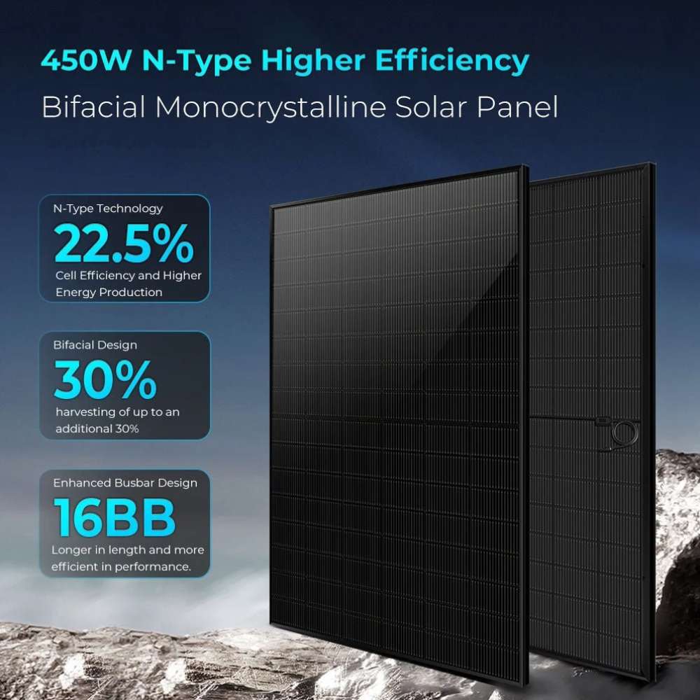 Sun Gold Power 450W Bifacial N-Type Monocrystalline Solar Panel shown with key features including 22.5% cell efficiency, bifacial design, and 16-busbar technology