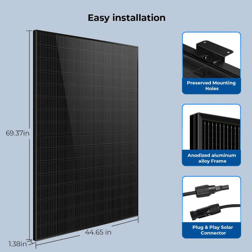Sun Gold Power 450W Bifacial N-Type Monocrystalline Solar Panel with dimensions, mounting holes, aluminum frame, and plug-and-play solar connectors for easy installation