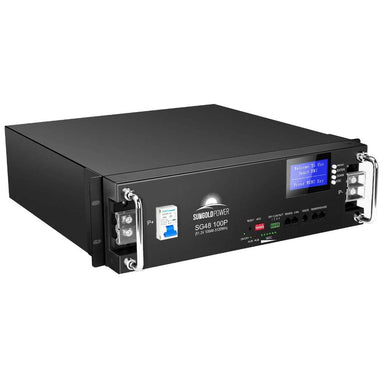 Sun Gold Power 48V 100Ah Server Rack LiFePO4 Lithium Battery shown from the front at an angle with a built-in display, carrying handles, and terminal connections on a white background