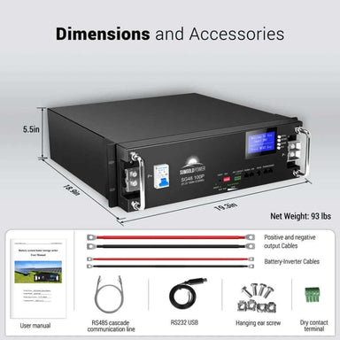 Sun Gold Power 48V 100Ah Server Rack LiFePO4 Lithium Battery with labeled dimensions, 93-pound weight, and included accessories such as cables, manual, communication cable, and mounting hardware