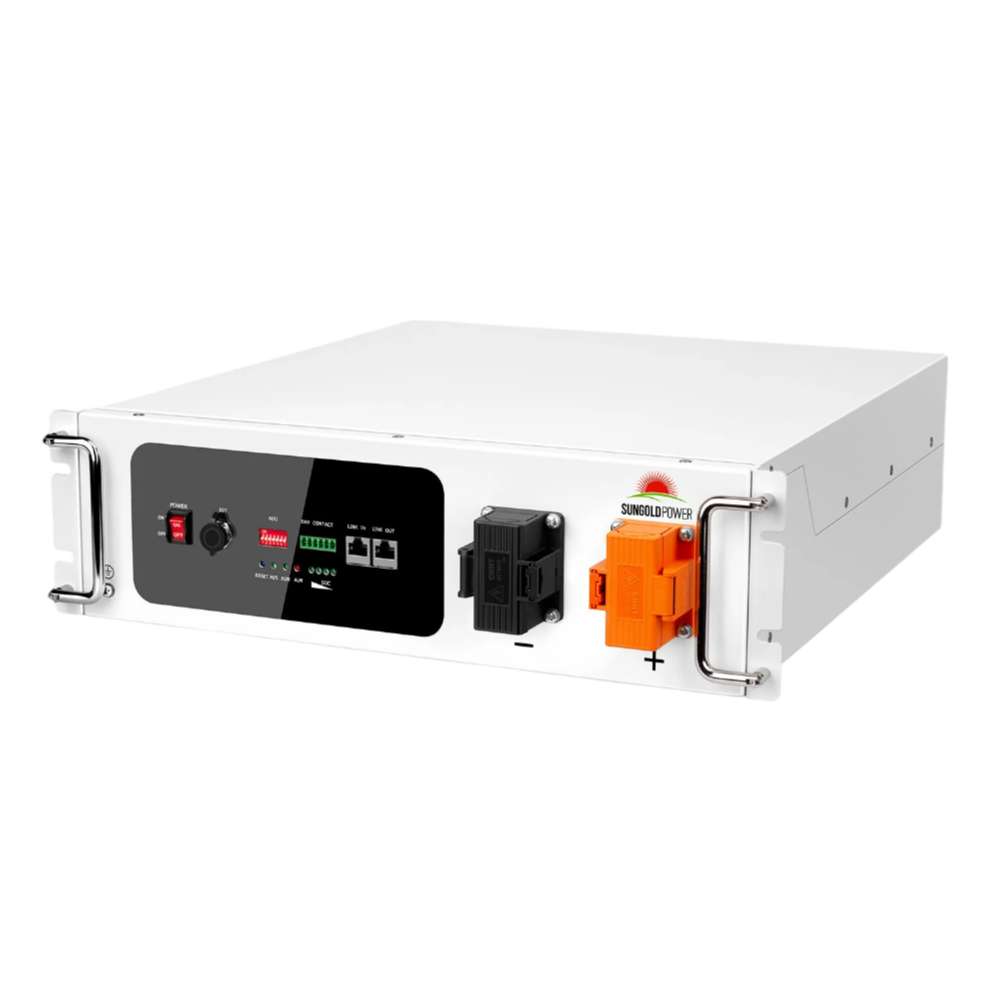 Sun Gold Power 48V 100Ah Server Rack Lithium Battery shown from a front-right angle with rack handles, power switch, communication ports, and battery terminals