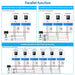 Sun Gold Power 5000W 48V Solar Charger Inverter [Parallel, 100A MPPT] diagram showing single-phase, split-phase, and three-phase parallel installation for up to six units