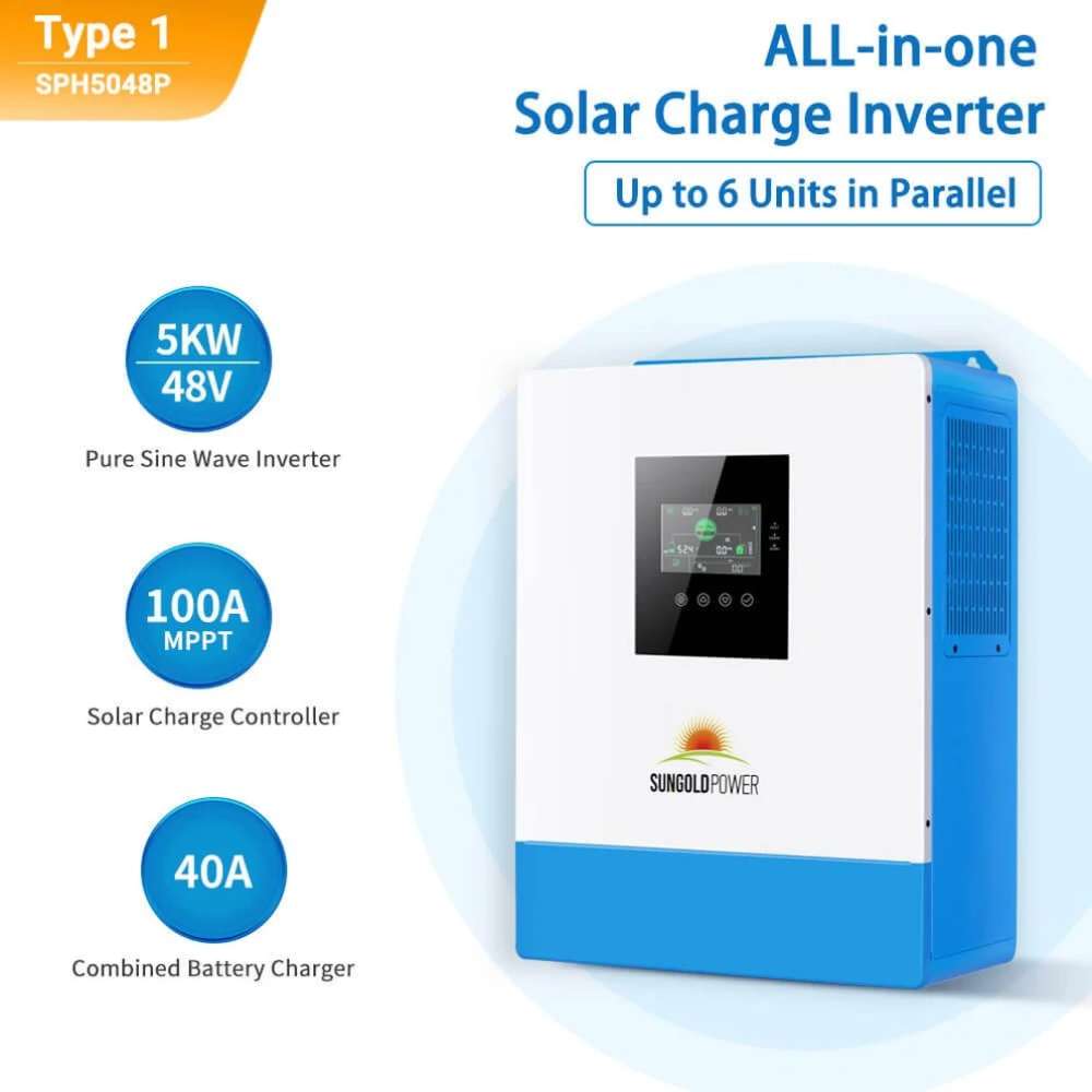 Sun Gold Power 5000W 48V Solar Charger Inverter [Parallel, 100A MPPT] highlighting 5kW output, 100A MPPT solar controller, 40A battery charger, and support for up to six parallel units