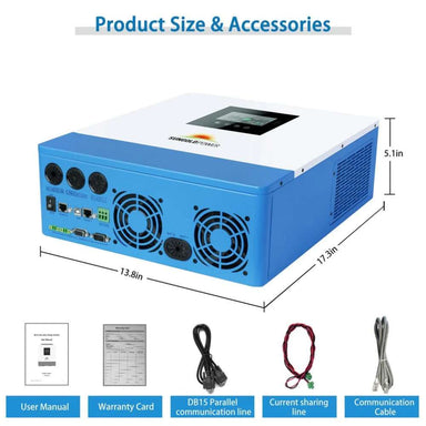 Sun Gold Power 5000W 48V Solar Charger Inverter [Parallel, 100A MPPT] shown with its dimensions and included accessories, including the user manual, warranty card, communication cables, and parallel cables