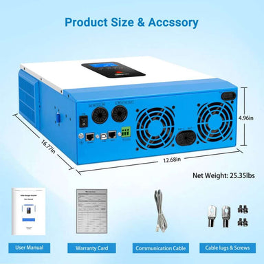 Sun Gold Power 5000W 48V Solar Charger Inverter [Single, 80A MPPT] shown with its dimensions, weight, and included accessories such as the user manual, warranty card, communication cable, and cable lugs