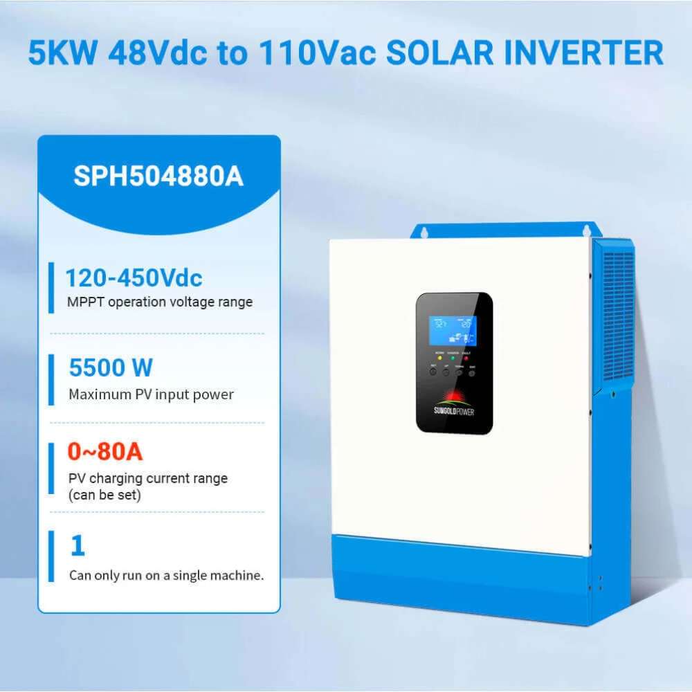 Sun Gold Power 5000W 48V Solar Charger Inverter [Single, 80A MPPT] with key specifications including a 120 to 450V MPPT range, 5500W maximum PV input, and adjustable 0 to 80A PV charging current