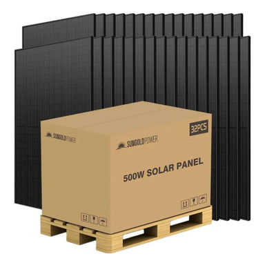 Sun Gold Power 500W Mono Black PERC Solar Panel Full Pallet (32 Panels) is shown as a full pallet of 32 black solar panels packaged together for bulk purchase