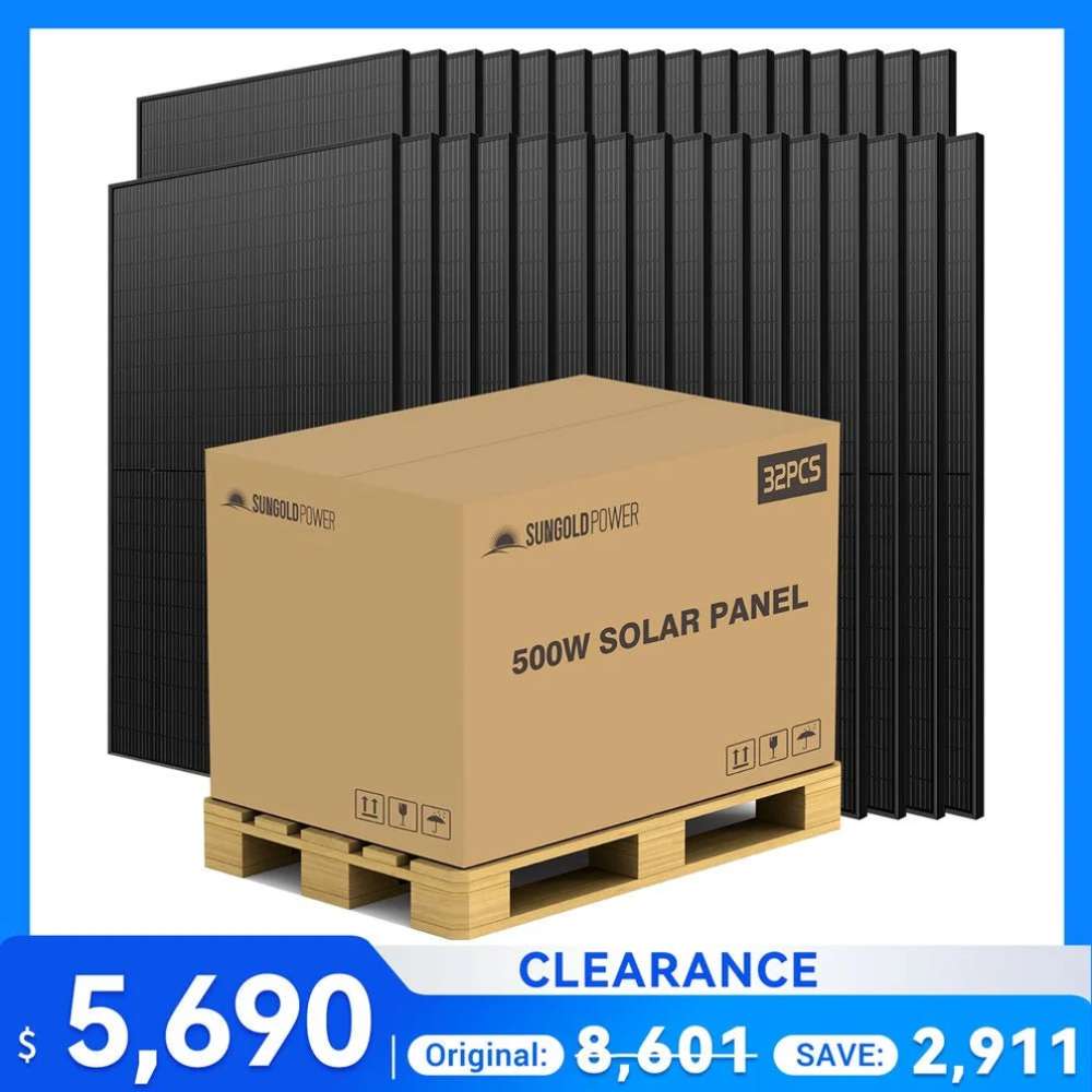 Sun Gold Power 500W Mono Black PERC Solar Panel Full Pallet (32 Panels) is shown as a pallet of 32 black solar panels packaged together for bulk purchase