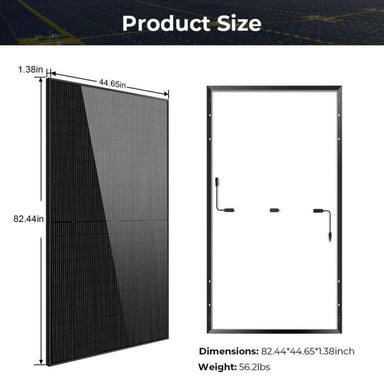 Sun Gold Power 500W Mono Black PERC Solar Panel Full Pallet (32 Panels) size chart shows one solar panel measuring 82.44 × 44.65 × 1.38 inches and weighing 56.2 pounds