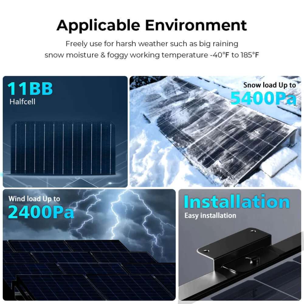 Sun Gold Power 500W Mono Black PERC Solar Panel highlighting weather resistance, snow and wind load ratings, and easy installation