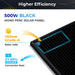 Sun Gold Power 500W Mono Black PERC Solar Panel illustrating Grade-A 182 mm solar cells and a 21.05% conversion rate