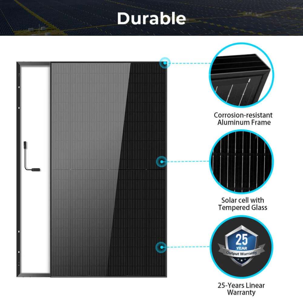 Sun Gold Power 500W Mono Black PERC Solar Panel showing a corrosion-resistant aluminum frame, tempered glass, and a 25-year linear warranty