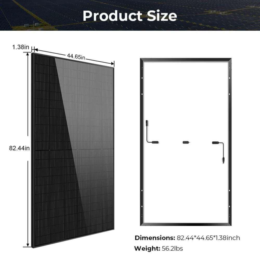 Sun Gold Power 500W Mono Black PERC Solar Panel with a size diagram showing front, rear, dimensions, and weight