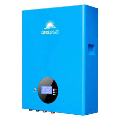 Sun Gold Power 5120Wh Wall-Mounted LiFePO4 Lithium Battery shown as a blue wall-mounted battery with a front display and compact rectangular design