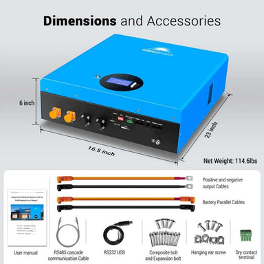 Sun Gold Power 5120Wh Wall-Mounted LiFePO4 Lithium Battery shown with its dimensions, front connection ports, and included cables, hardware, and user manual