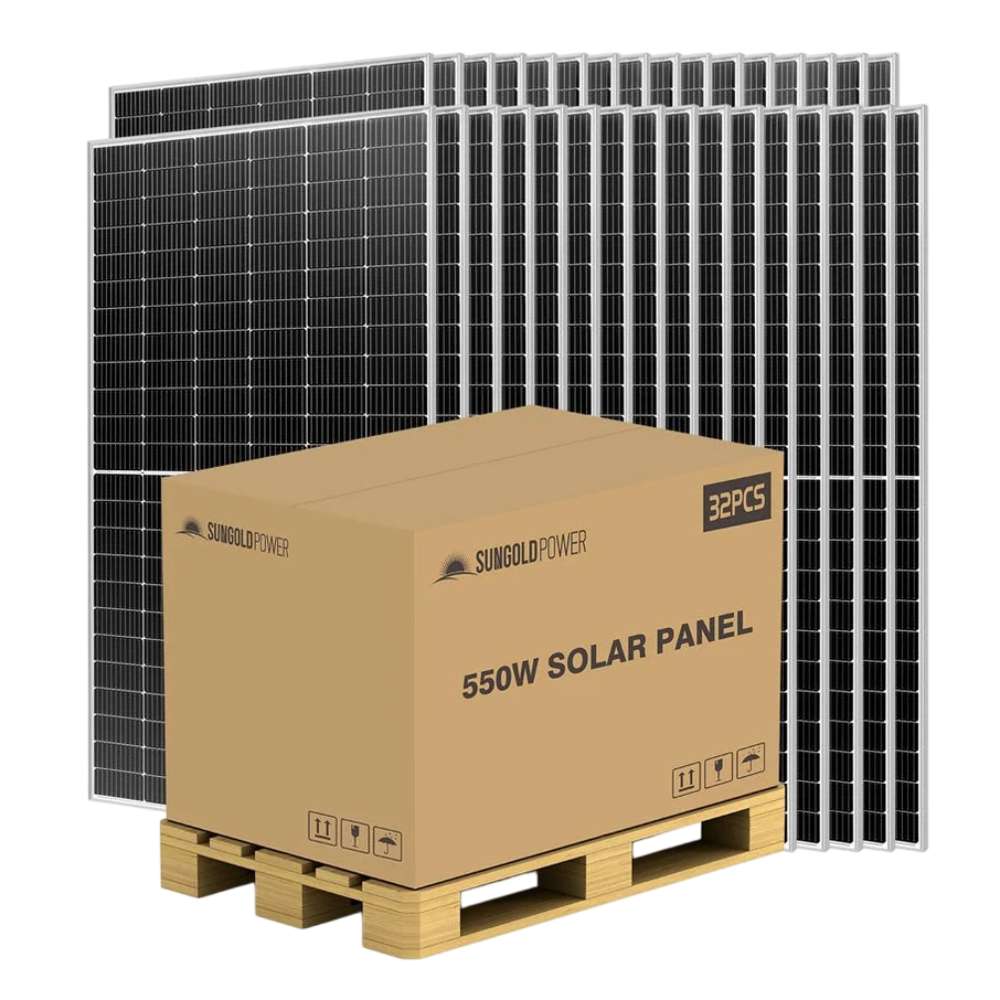 Sun Gold Power 550W Mono PERC Solar Panel Full Pallet (32 Panels) displayed as a pallet of 32 solar panels packaged with a shipping box for bulk delivery