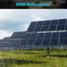 Sun Gold Power 550W Monocrystalline PERC Solar Panel installed outdoors in a large solar array operating in rainy weather to demonstrate IP68 waterproof protection