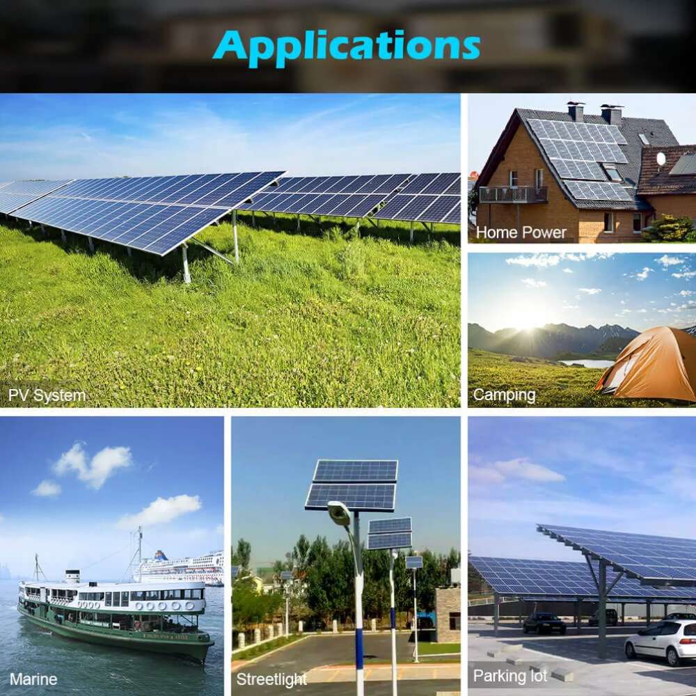 Sun Gold Power 550W Monocrystalline PERC Solar Panel shown powering applications including home energy, solar farms, camping, marine, streetlights, and parking lots