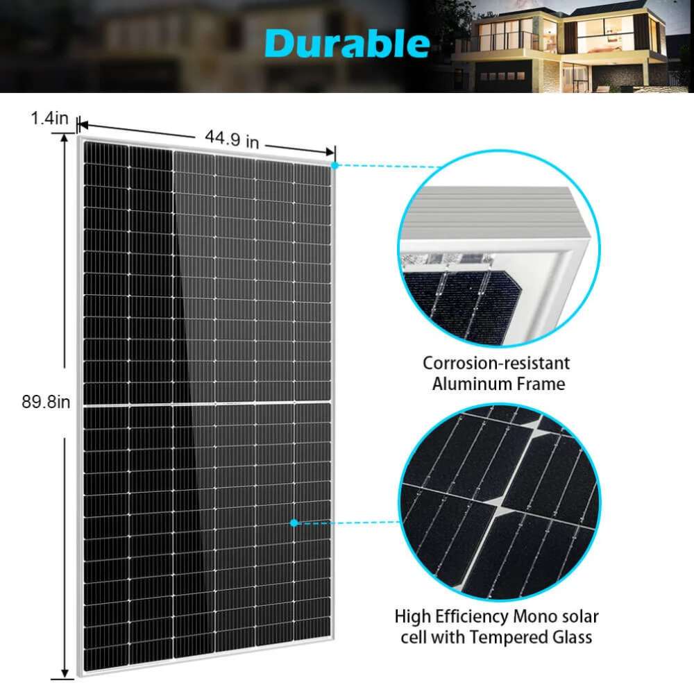 Sun Gold Power 550W Monocrystalline PERC Solar Panel with labeled dimensions, a corrosion-resistant aluminum frame, and tempered glass construction