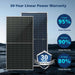 Sun Gold Power 560W Bifacial N-Type Solar Panel displaying the 30-year linear power warranty with front and rear panel views and output warranty milestones
