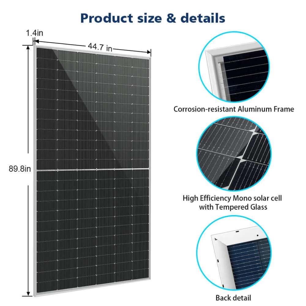 Sun Gold Power 560W Bifacial N-Type Solar Panel with a size diagram, corrosion-resistant aluminum frame, tempered glass solar cells, and back view details
