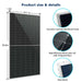 Sun Gold Power 560W Bifacial N-Type Solar Panel with a size diagram, corrosion-resistant aluminum frame, tempered glass solar cells, and back view details