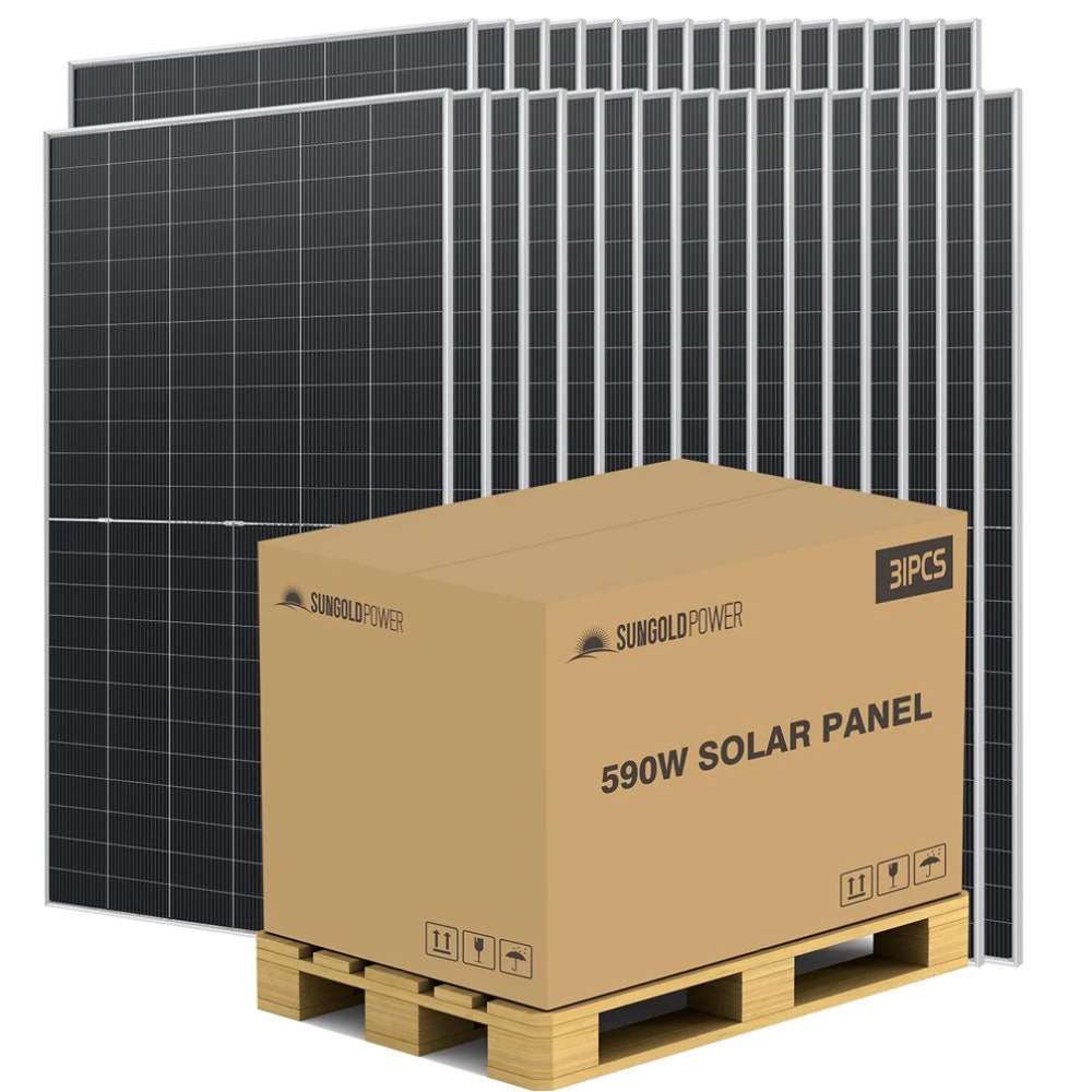 Sun Gold Power 590W Bifacial N-Type Monocrystalline Solar Panel Full Pallet (31 Panels) stacked on a shipping pallet with 31 solar panels packaged for bulk delivery