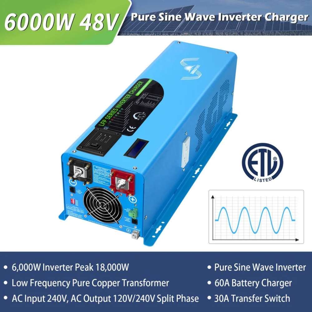 Sun Gold Power 6000W 48VDC 120V/240V LiFePO4 10.24KWH Lithium Battery Off-Grid Solar Kit includes a 6000W 48V pure sine wave inverter charger