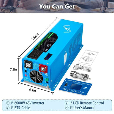 Sun Gold Power 6000W DC 24V/48V Split Phase Pure Sine Wave Inverter With Charger with included LCD remote, BTS cable, and user manual