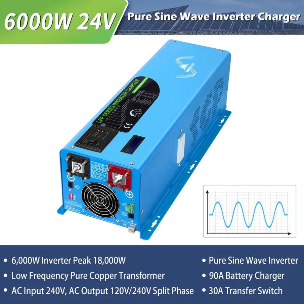 Sun Gold Power 6000W DC 24V Split Phase Pure Sine Wave Inverter With Charger with 6000W output, 24V input, pure sine wave power, and built-in charger